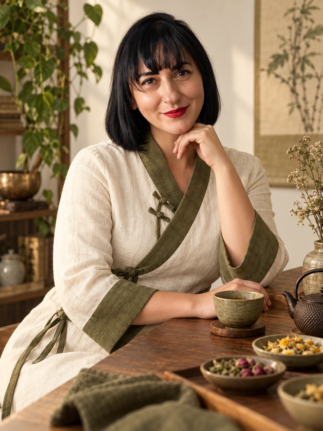 Paula em roupa de inspiração oriental para a área de terapias holísticas